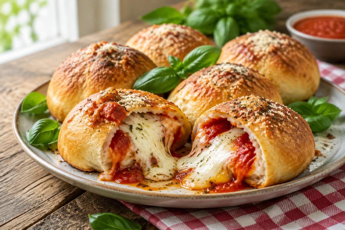 Melty pizza bombs with golden crust and cheese oozing, garnished with basil, pizza bombs dish