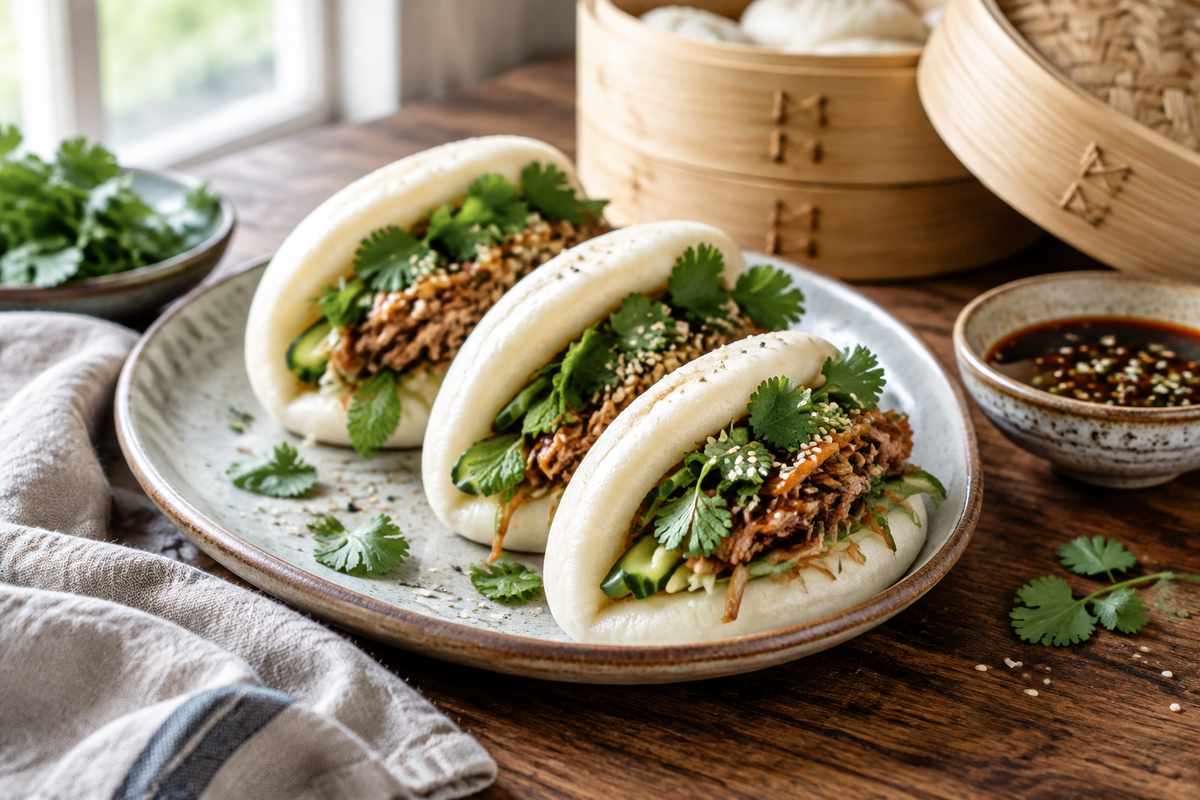 Plate of deliciously simple bao buns filled with pork and fresh garnishes in natural light