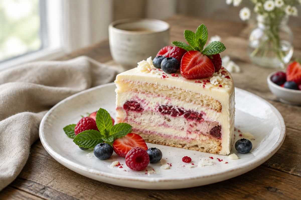 Tender slice of Кому нежности кусочек cake garnished with fresh berries and mint, showcasing the кому нежности кусочек dessert
