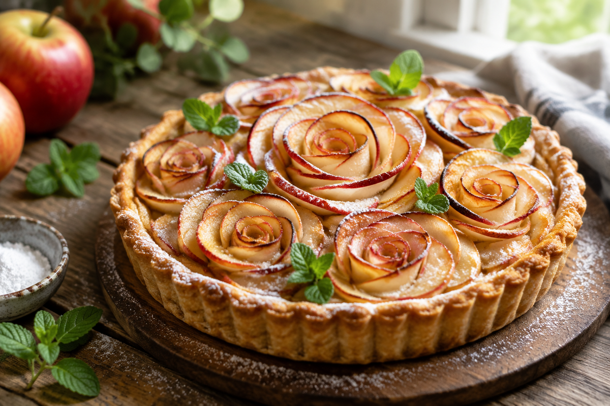 Close-up of a freshly baked apple rose tart with cinnamon-spiced apple petals and flaky crust