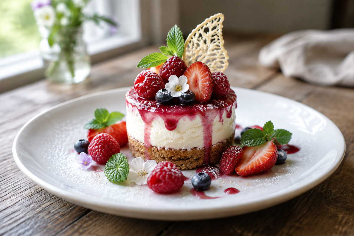 Close-up of a f a i r y dessert with fresh berries and creamy layers, showcasing the f a i r y dessert in natural light