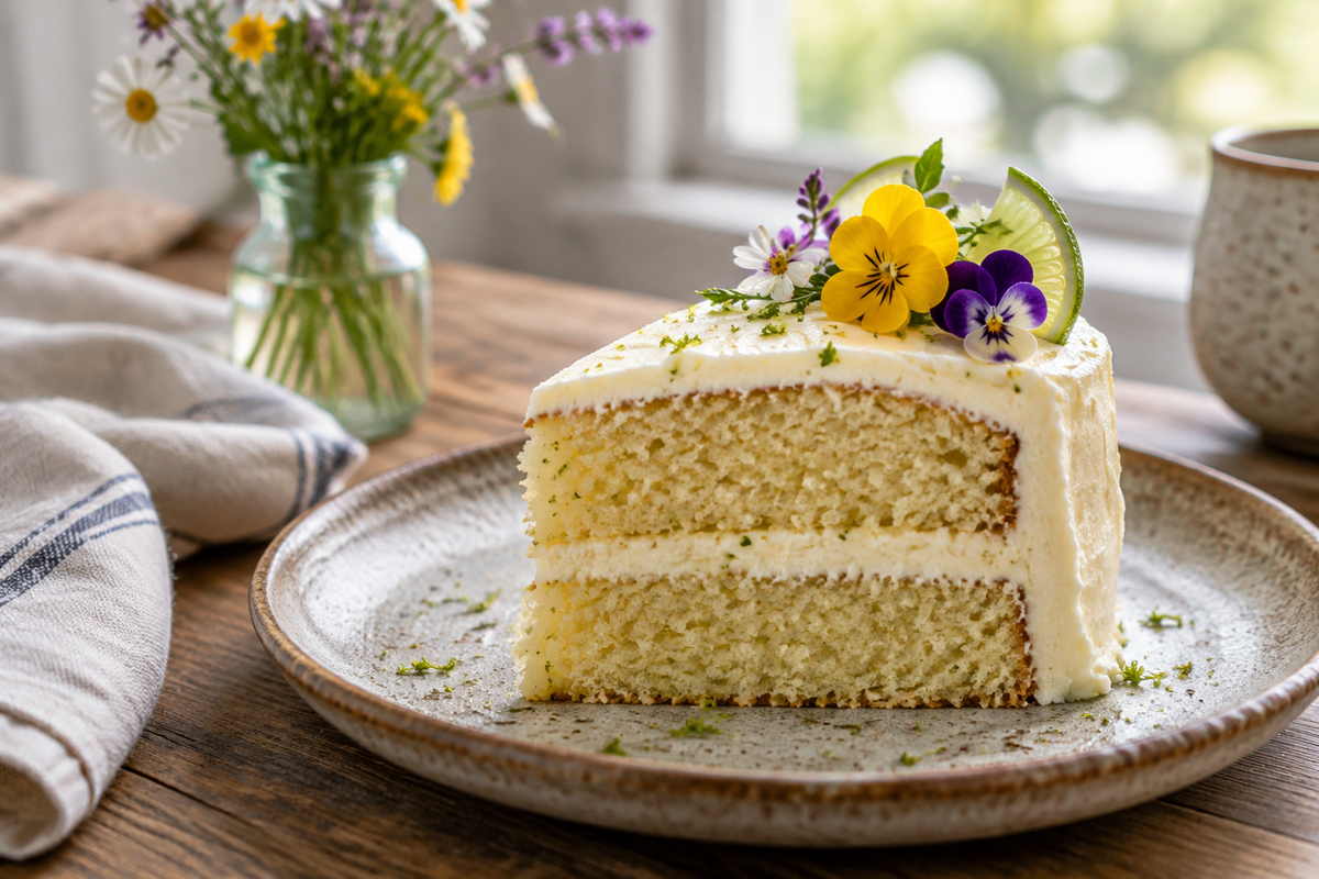 Slice of margarita cake with creamy buttercream frosting and edible flower garnish in natural light