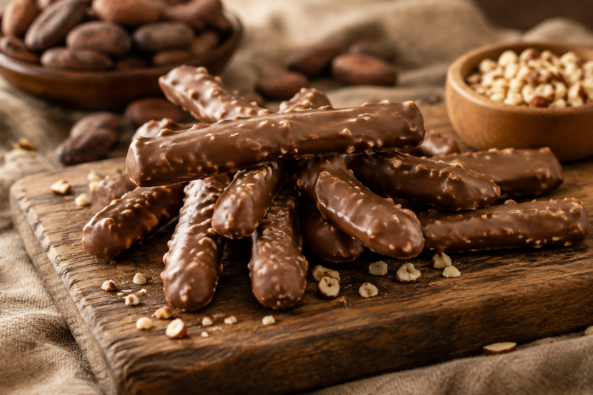 Close-up of milk chocolate nails dessert with glossy chocolate and crunchy texture