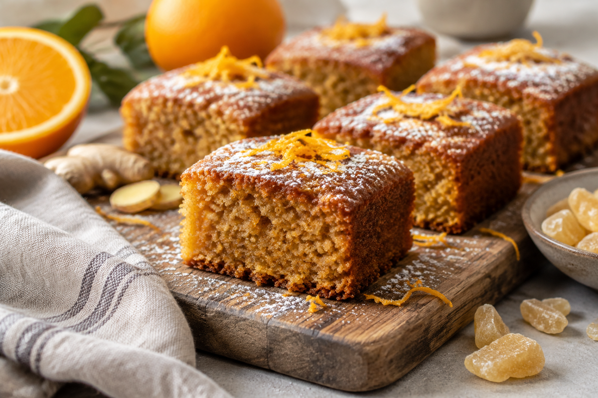 Moist orange ginger honey cakes with powdered sugar and fresh orange zest, showcasing orange ginger honey cakes