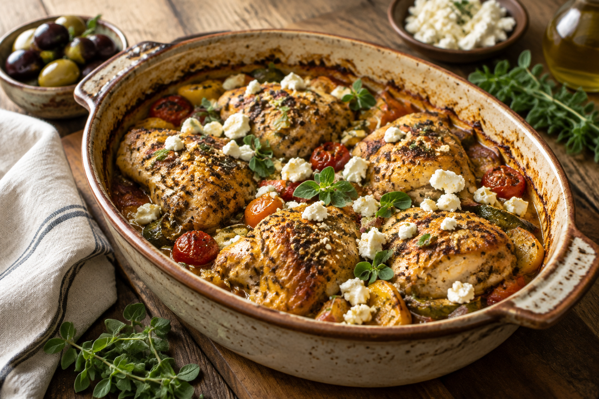 Golden baked Greek chicken casserole with feta and herbs, showcasing the greek chicken casserole dish
