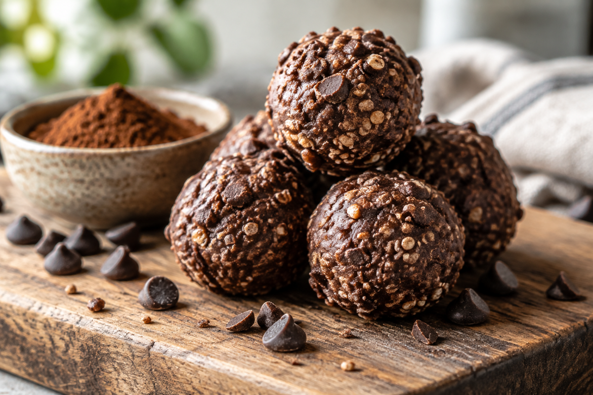 Double choc crunch protein balls stacked with chocolate chips, healthy snack close-up