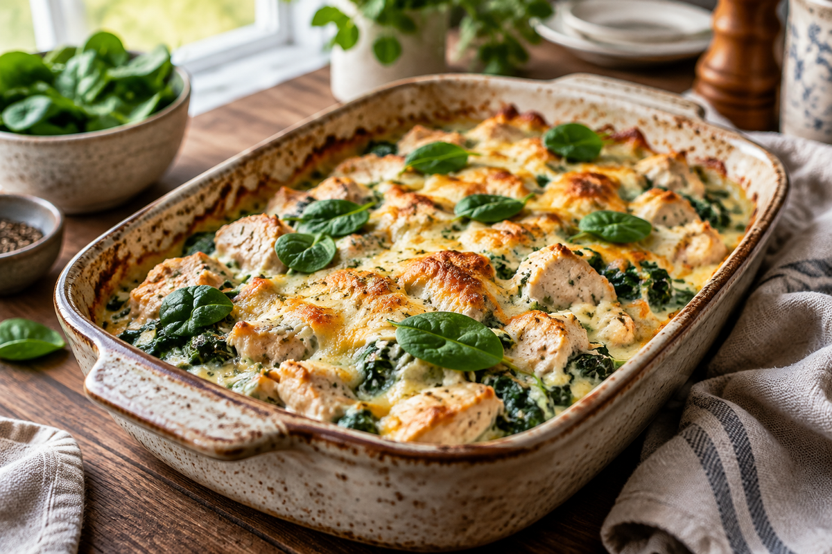 Creamy chicken spinach casserole with melted cheese and fresh spinach garnish