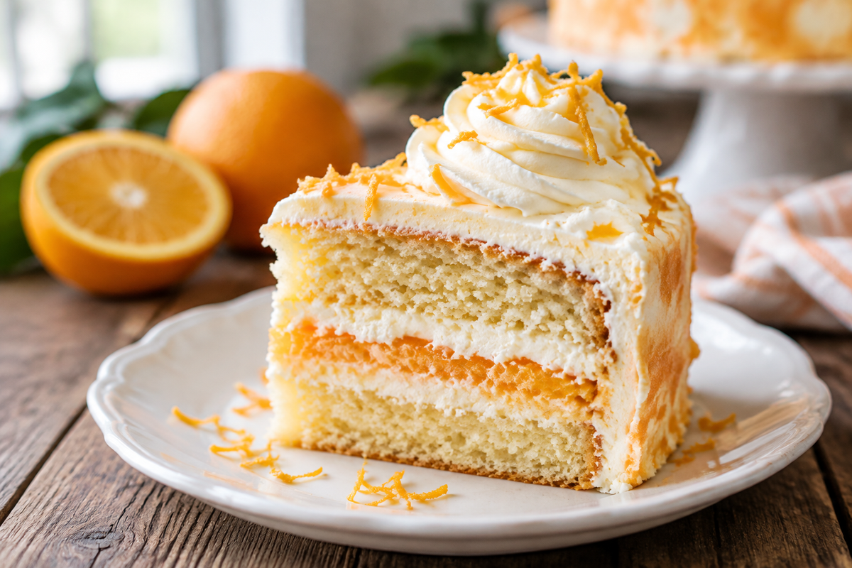 Slice of orange creamsicle cake with whipped cream and orange zest, showcasing the orange creamsicle cake dessert