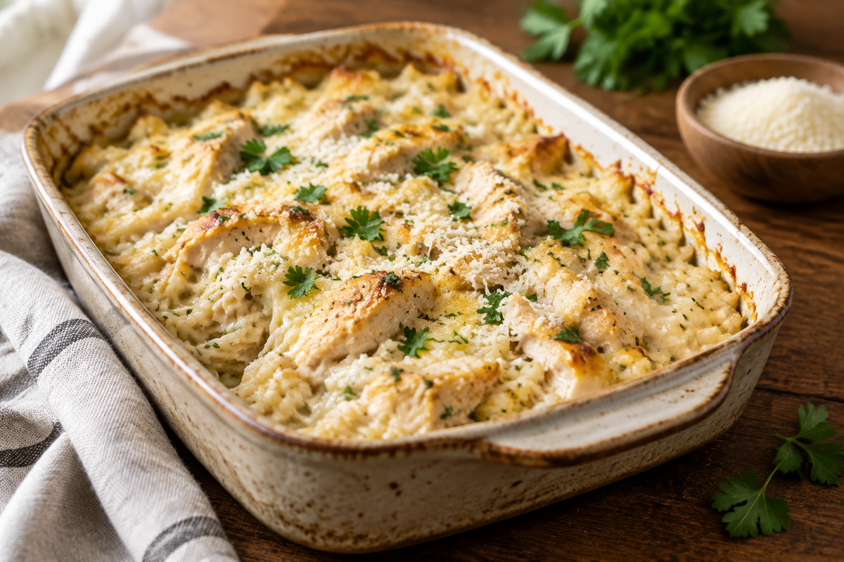 Creamy chicken alfredo casserole with rice garnished with parsley, showcasing chicken alfredo casserole