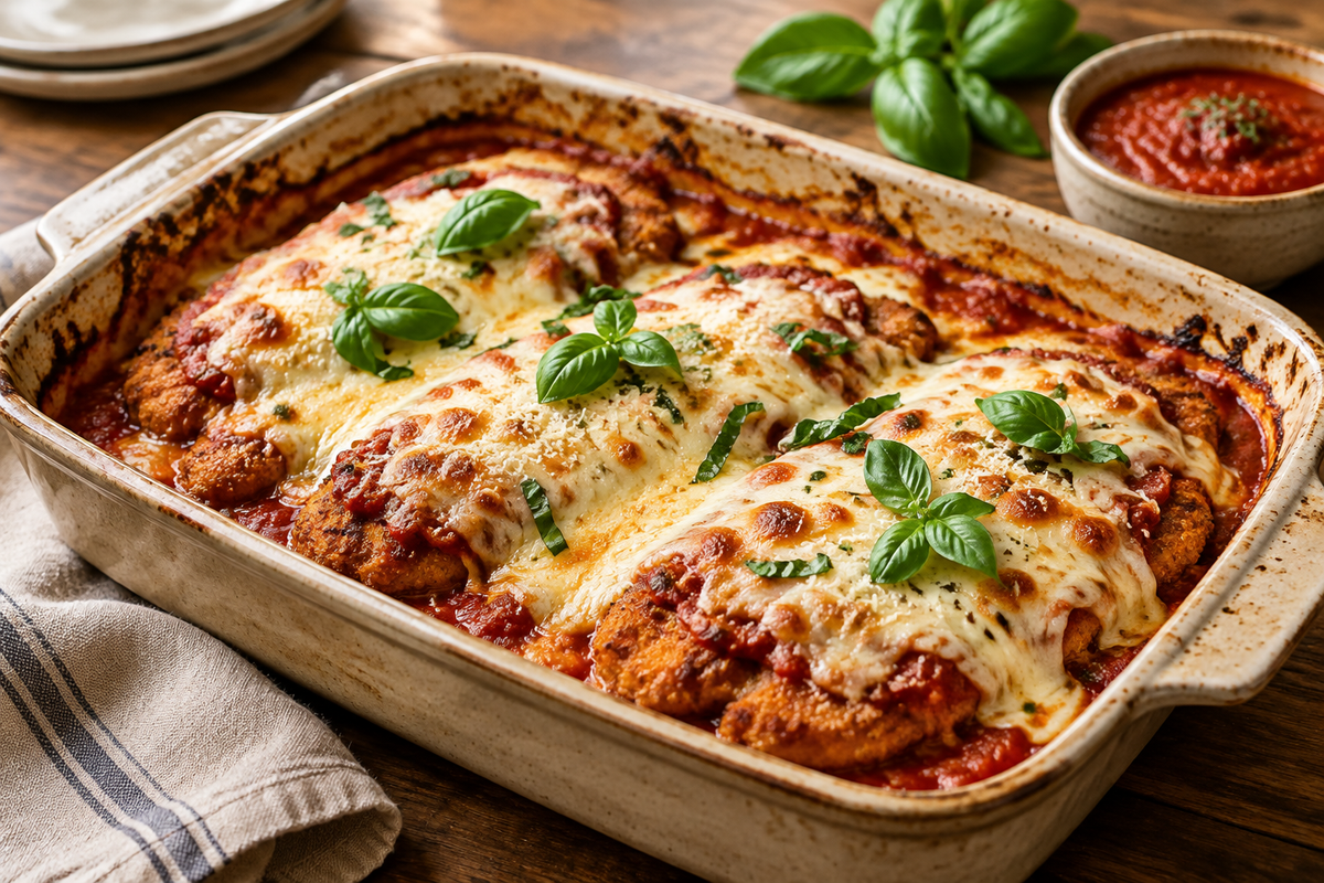 Cheesy chicken parmesan casserole baked in a rustic dish with fresh basil garnish