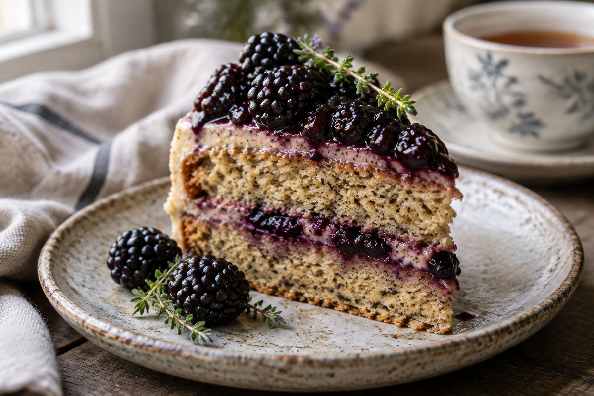 Slice of earl grey honey cake with blackberry topping and fresh berries on plate