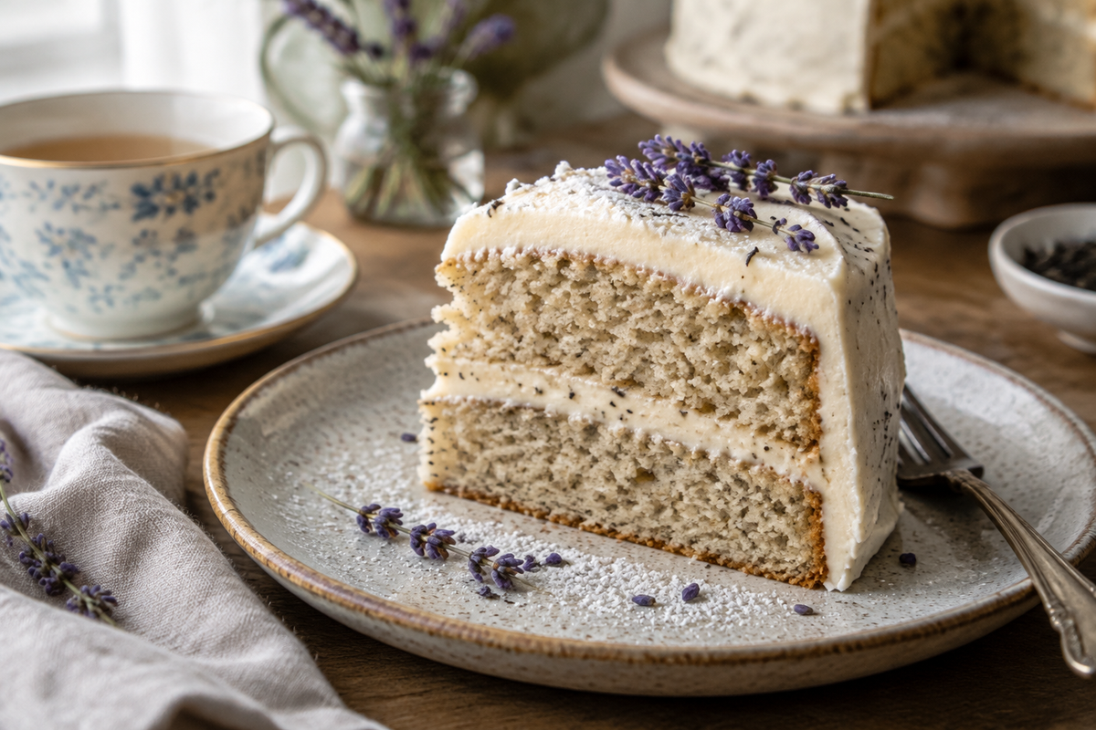 Slice of London Fog Cake with Earl Grey frosting on rustic plate, garnished with lavender, showcasing london fog cake