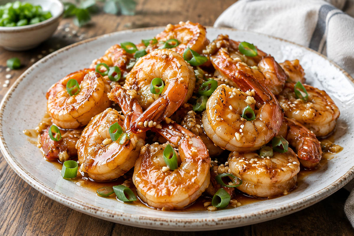 Honey garlic shrimp glazed with sauce and garnished with green onions and sesame seeds