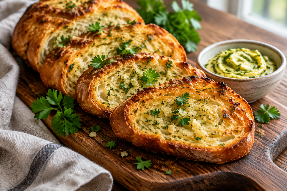 Golden Greek yogurt garlic bread slices garnished with parsley and garlic butter