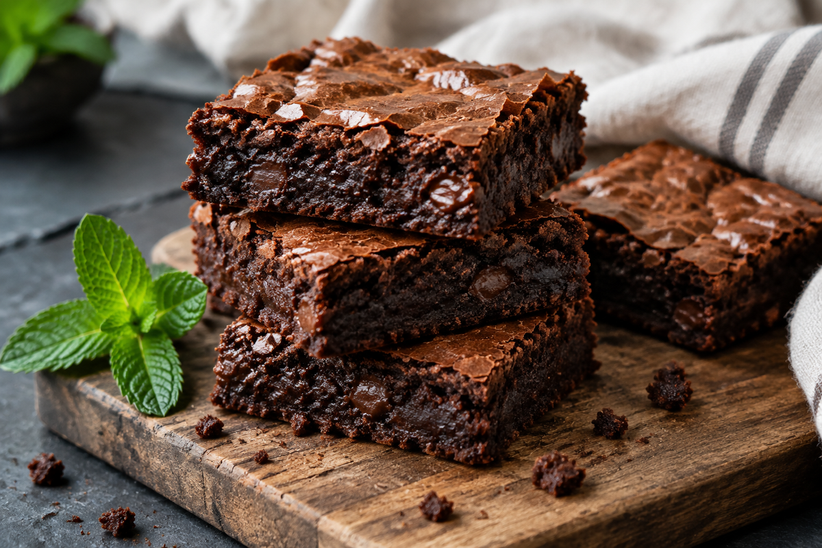 Stack of easy fudgy brownies with crackly tops on wooden board, natural light highlighting texture