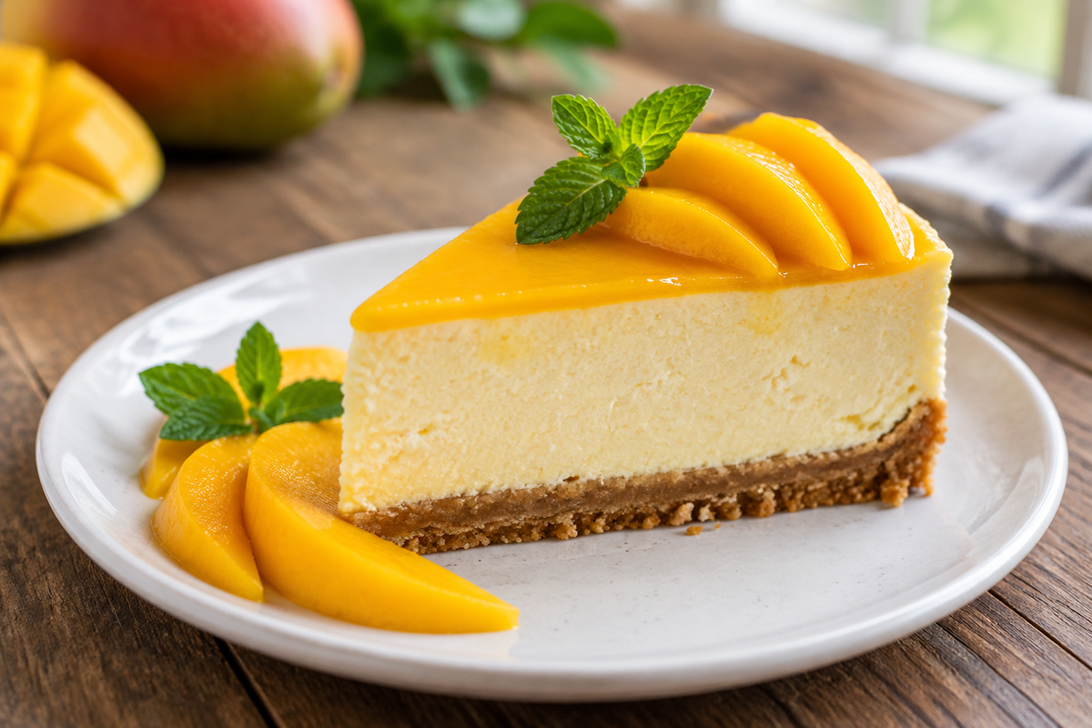 Slice of creamy mango cheesecake garnished with fresh mango slices and mint, showcasing the mango cheesecake dessert