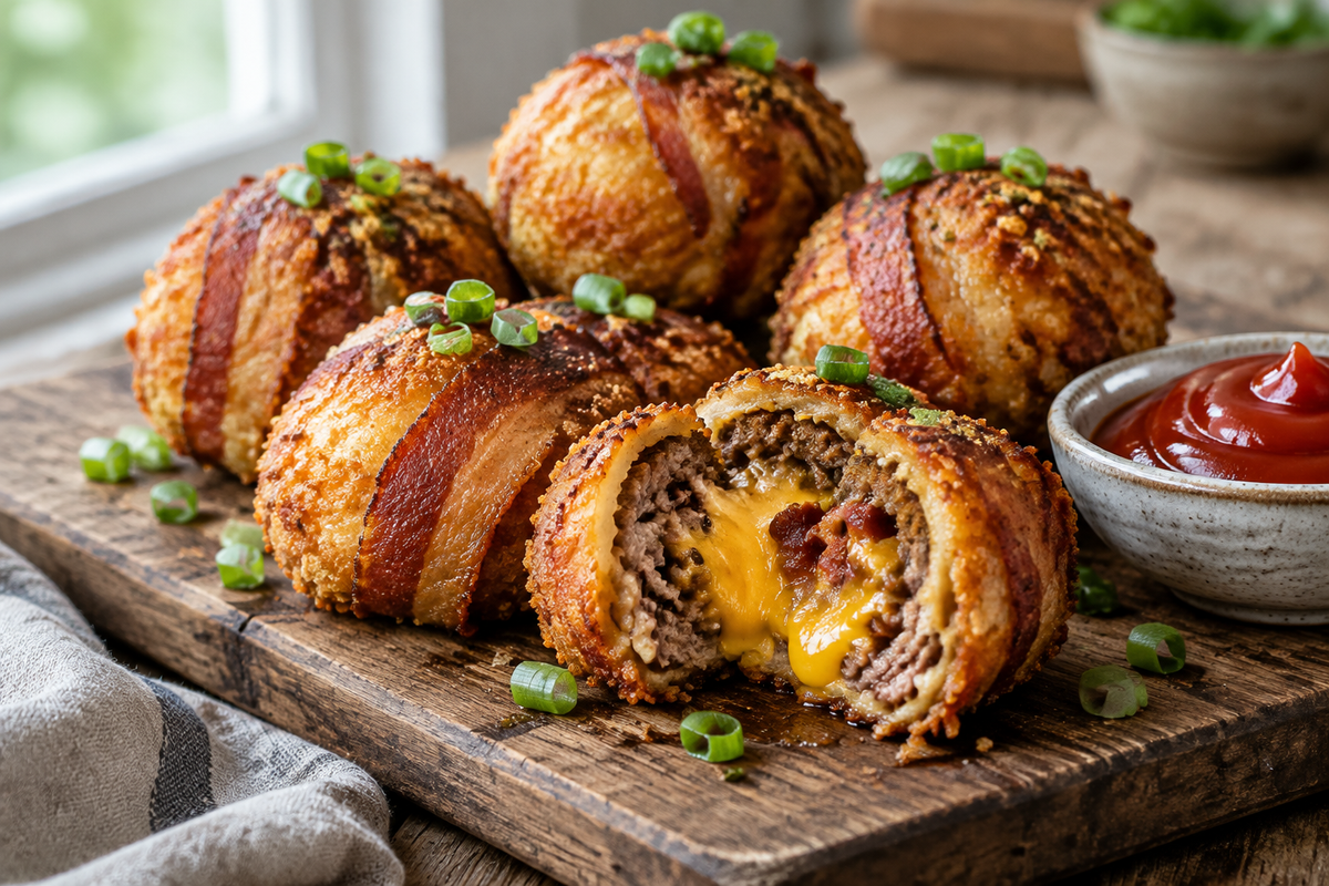 crispy cheeseburger bacon bombs on wooden board with ketchup and green onions, cheeseburger bacon bombs