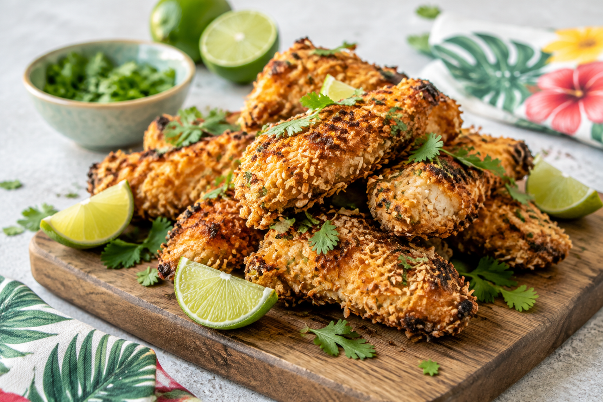 Crispy air fryer coconut chicken on a rustic board garnished with lime and cilantro