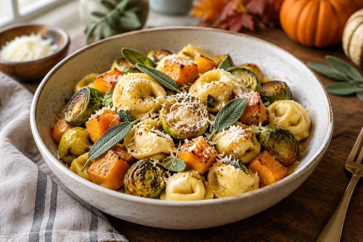 Easy autumn chicken tortellini with butternut squash and Brussels sprouts in a rustic bowl
