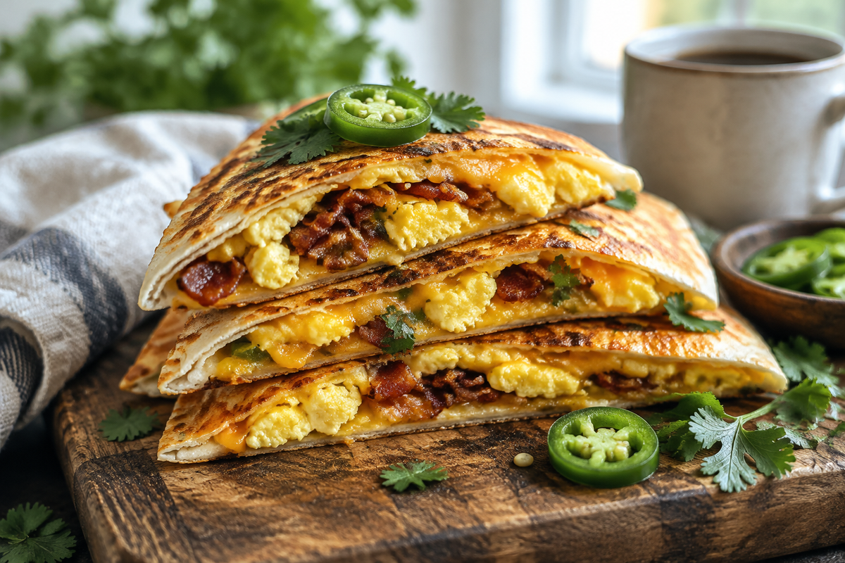 Crispy bacon egg and cheese breakfast quesadillas stacked with garnish, showcasing breakfast quesadillas