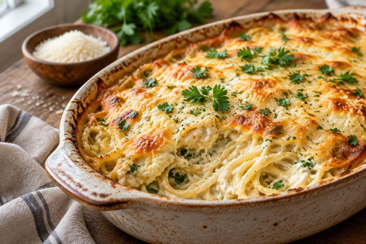 Baked cream cheese spaghetti topped with melted cheese and parsley in a rustic dish