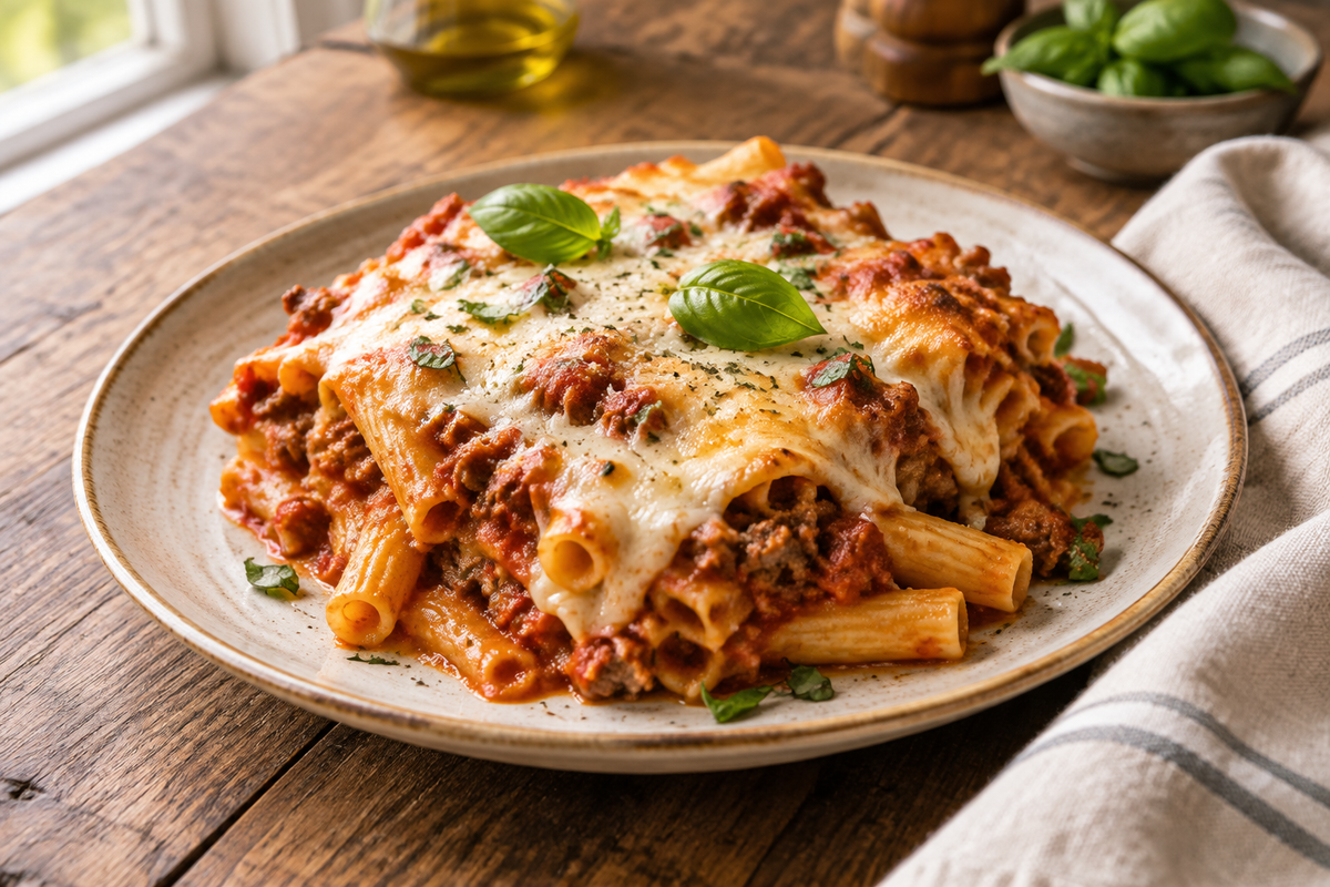 Baked ziti with ground beef topped with melted cheese and fresh basil garnish