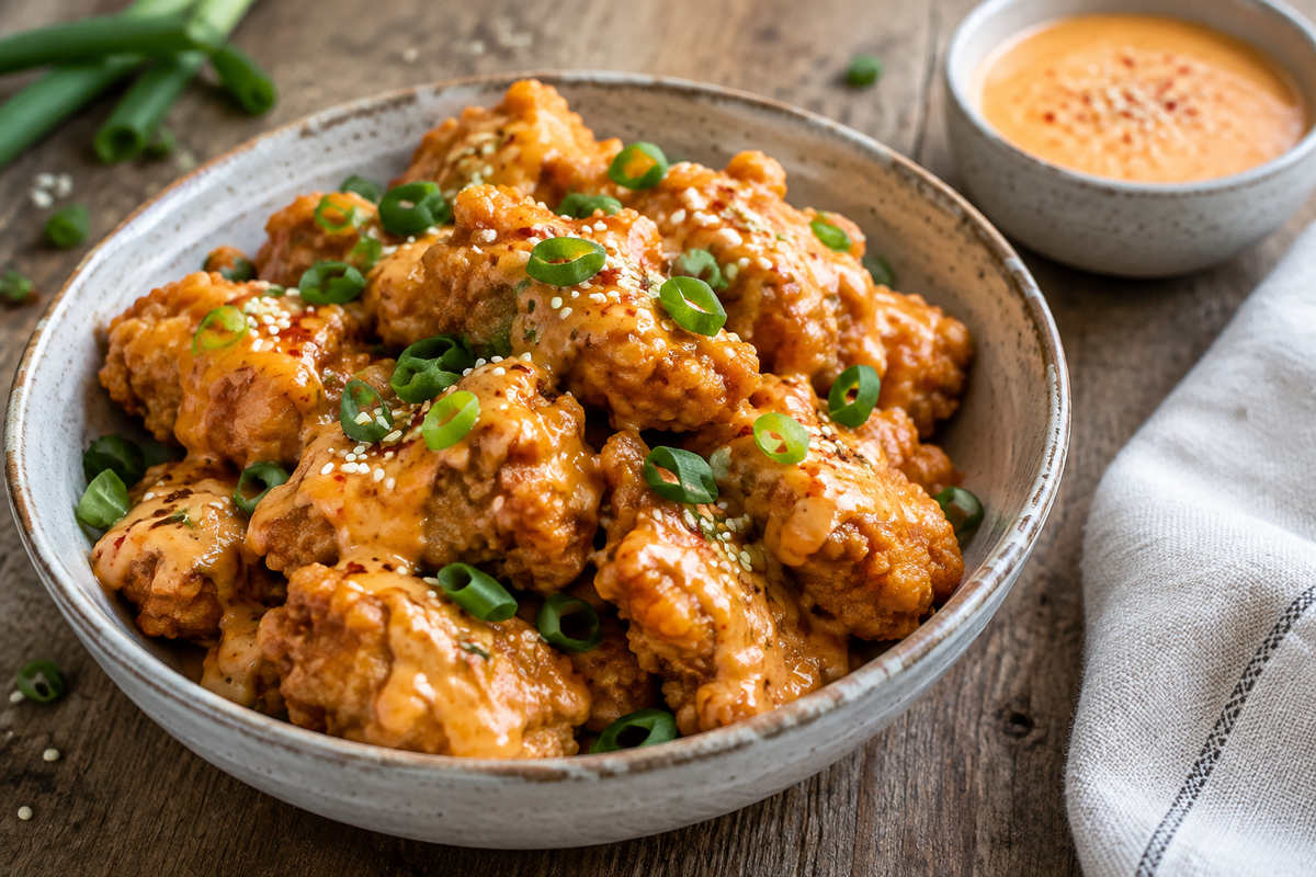 Easy bang bang chicken with creamy spicy sauce garnished with green onions and sesame seeds