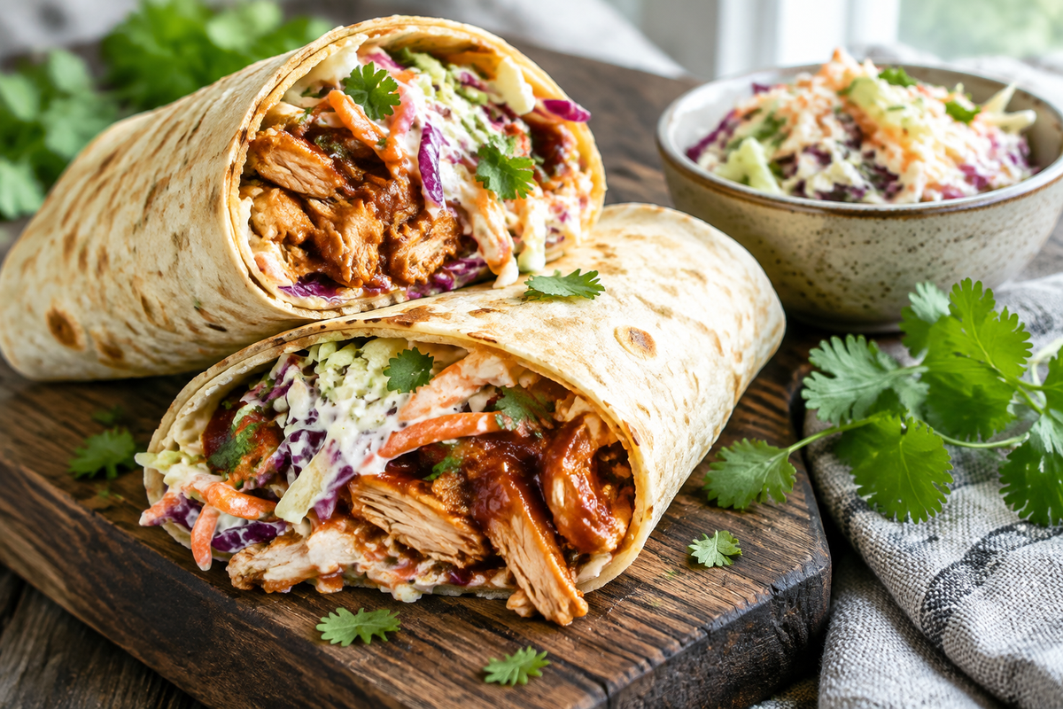 BBQ chicken coleslaw wraps with shredded chicken and creamy slaw in soft tortillas, fresh and colorful
