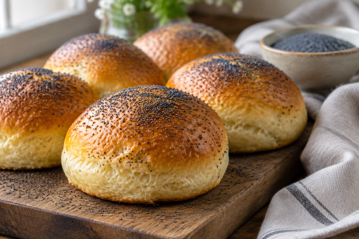 Freshly baked homemade poppy seed buns with fluffy texture and sprinkled poppy seeds