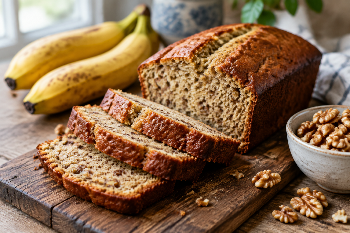 Freshly baked moist banana bread sliced on wooden board with bananas and walnuts