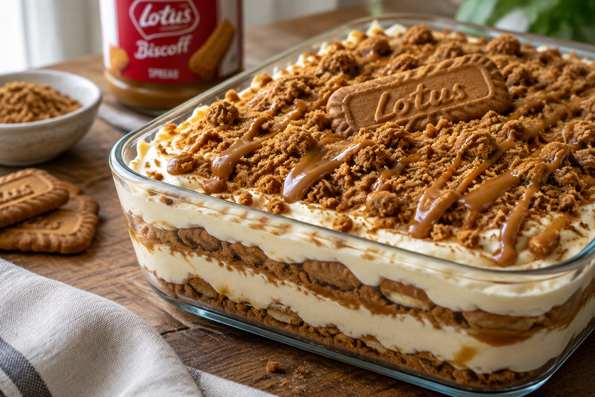 Easy biscoff layer dessert with creamy layers and crunchy biscoff cookie crumbs