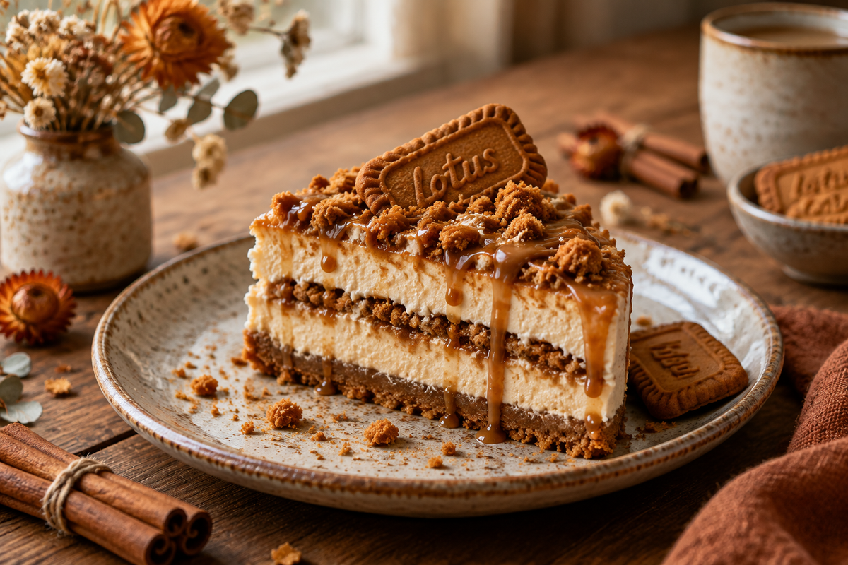 A slice of biscoff layer dessert with creamy layers and crushed biscoff cookie topping