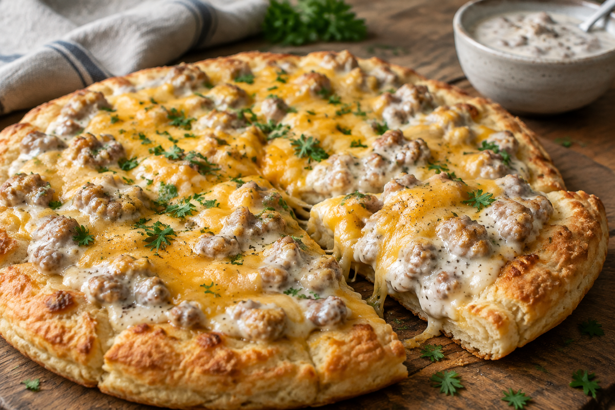Biscuits and gravy breakfast pizza topped with creamy sausage gravy and fresh parsley