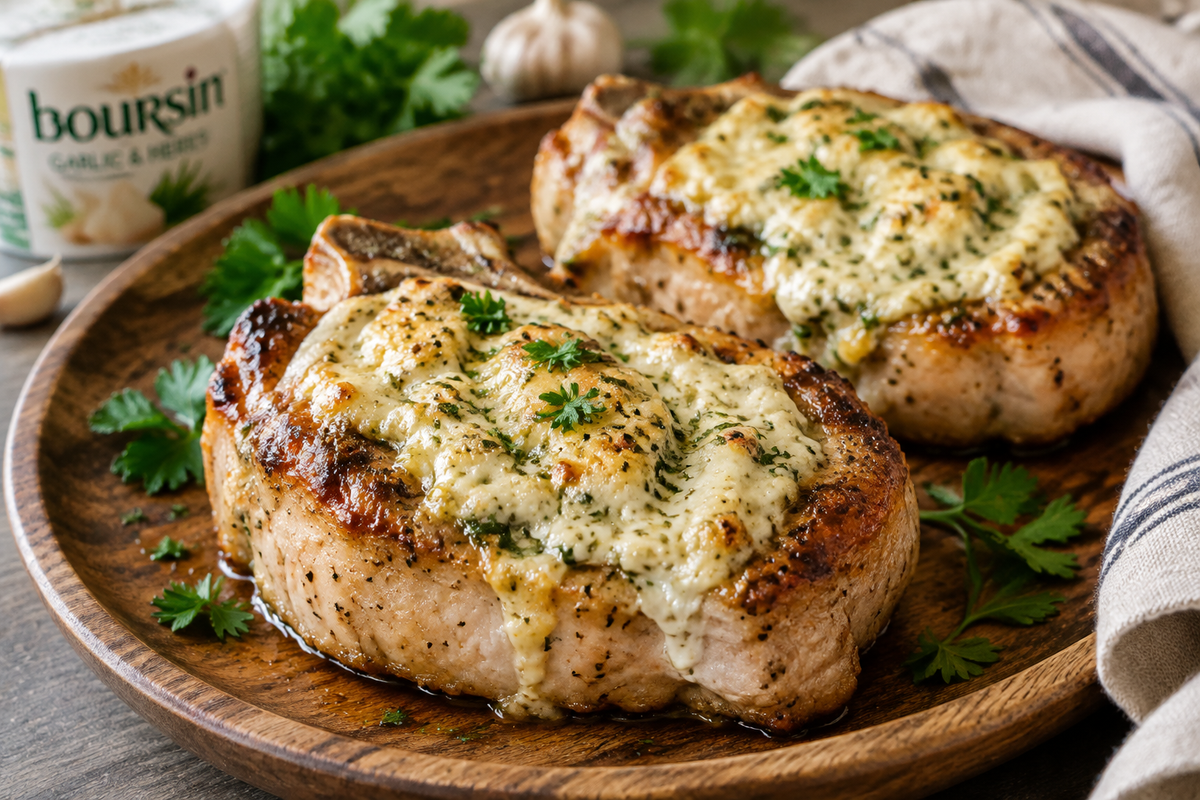 Boursin pork chops topped with creamy garlic herb cheese and fresh parsley garnish
