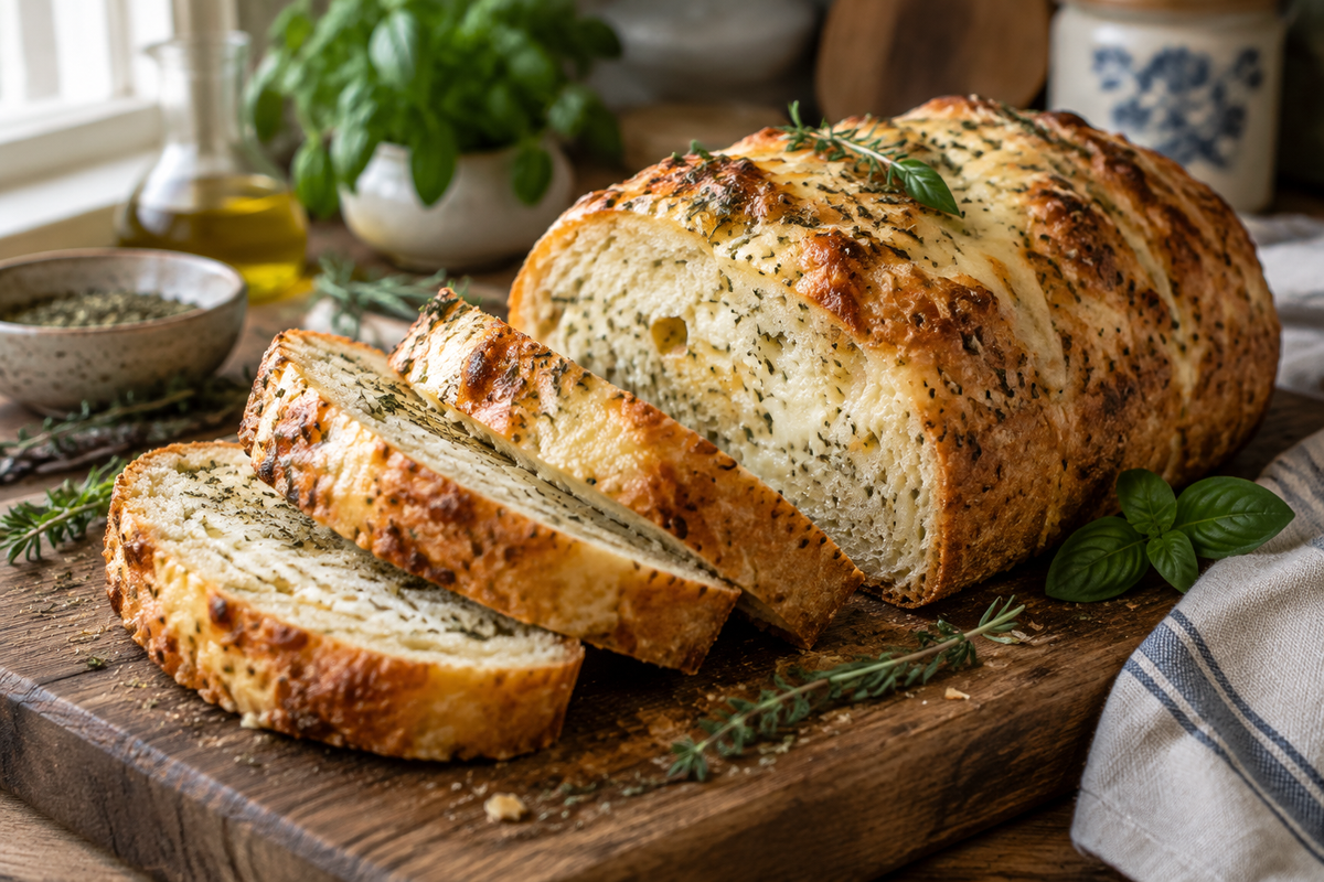 Italian Herb and Cheese Bread made with bread machine recipes, sliced with herbs and melted cheese visible
