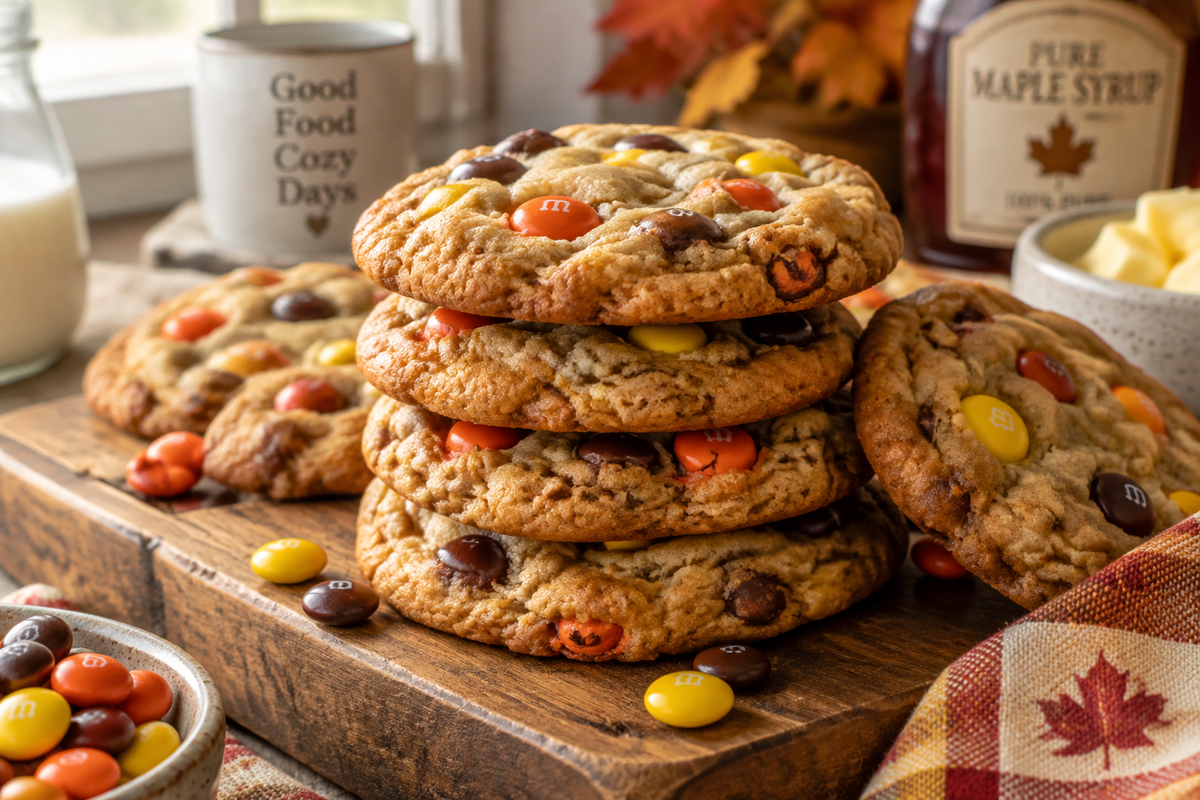 Brown butter maple M&M cookies stacked with colorful candy melts, golden edges, and a warm texture