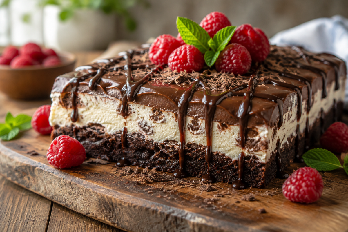Creamy layered brownie refrigerator cake garnished with raspberries and mint leaves