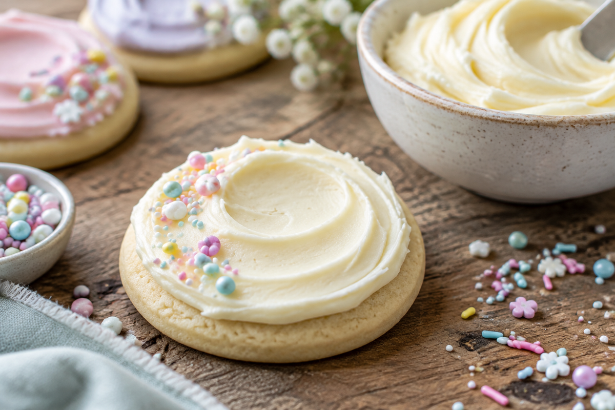 Easy buttercream frosting smoothly spread on a decorated sugar cookie for frosting