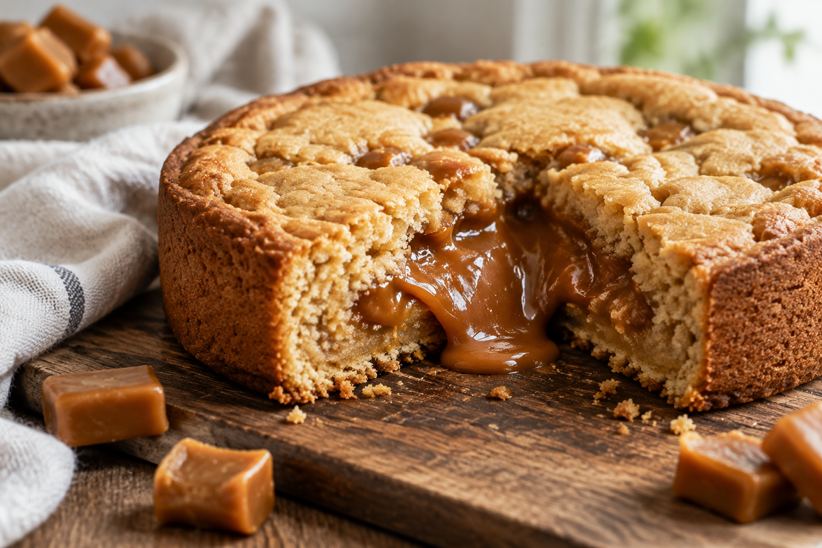 Caramel filled cookie cake with creamy caramel center and golden cornstarch cookie crust