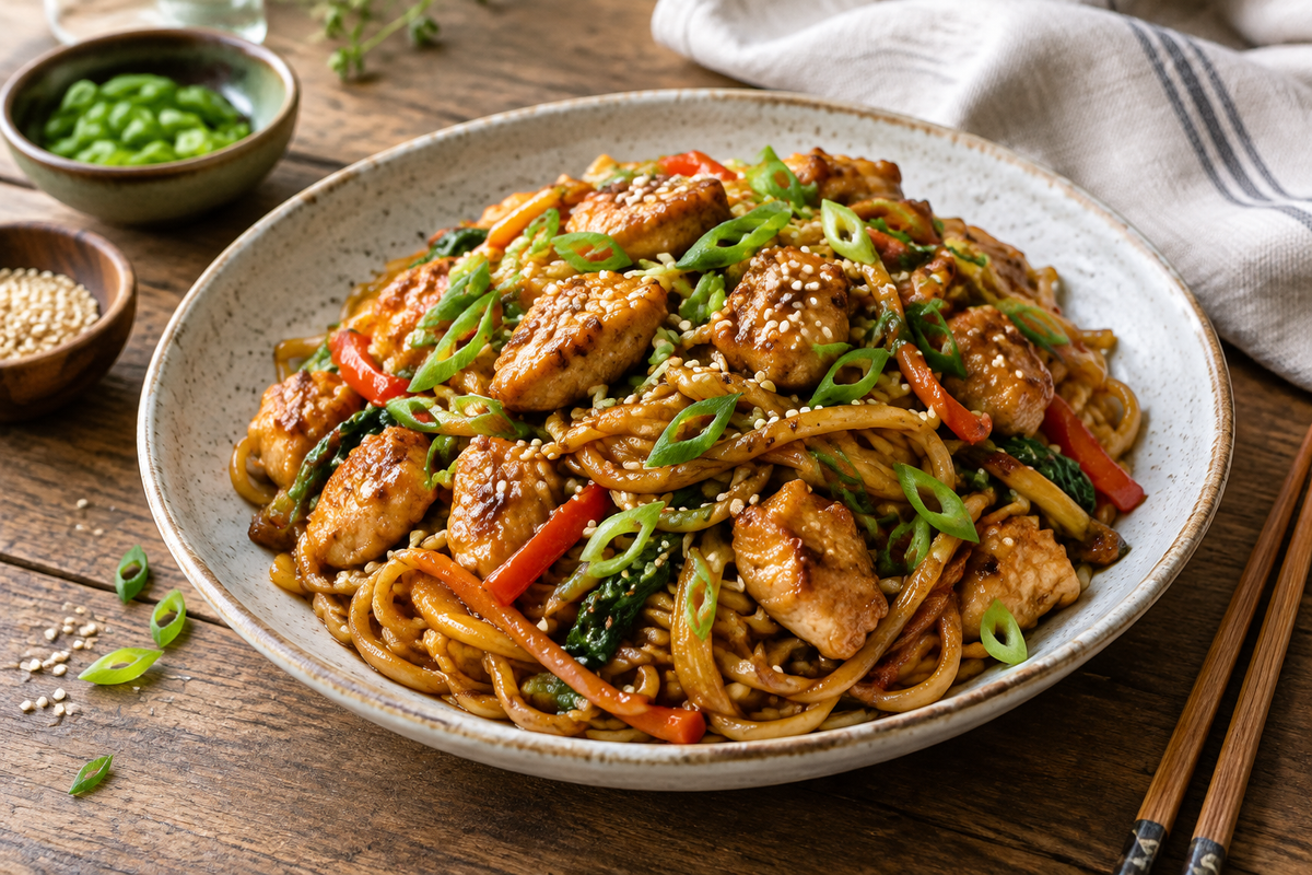 Plate of caramelized chicken noodles with scallions and sesame seeds, caramelized chicken noodles dish