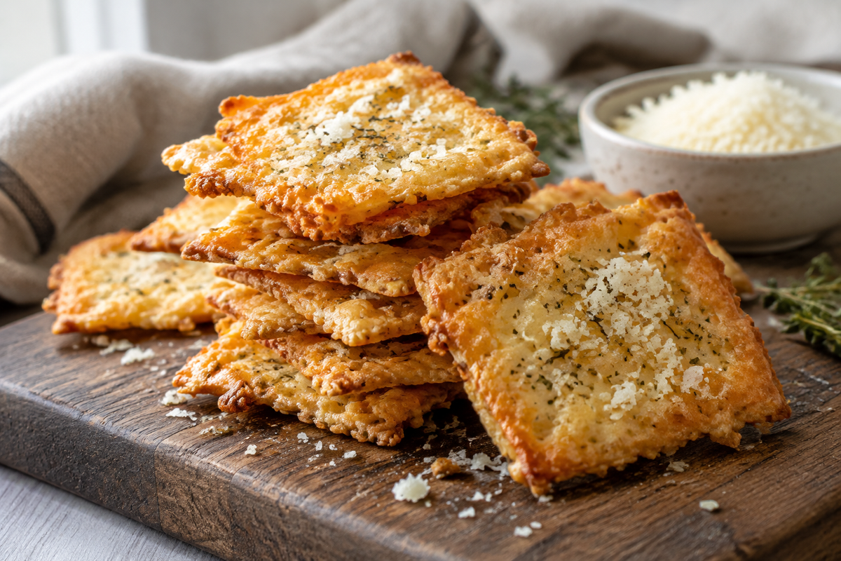 Golden crispy cheesy parmesan crackers stacked on wooden board with Parmesan garnish