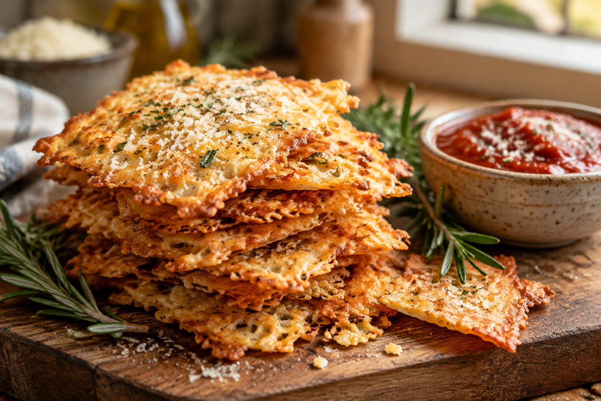 Stack of crispy cheesy parmesan crackers garnished with rosemary, showcasing the cheesy parmesan crackers