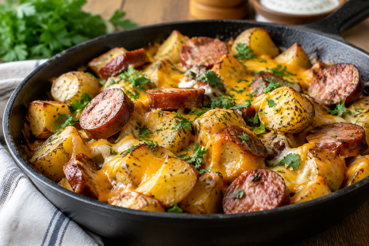 One-pan dinner with cheesy ranch potatoes and smoked sausage garnished with parsley