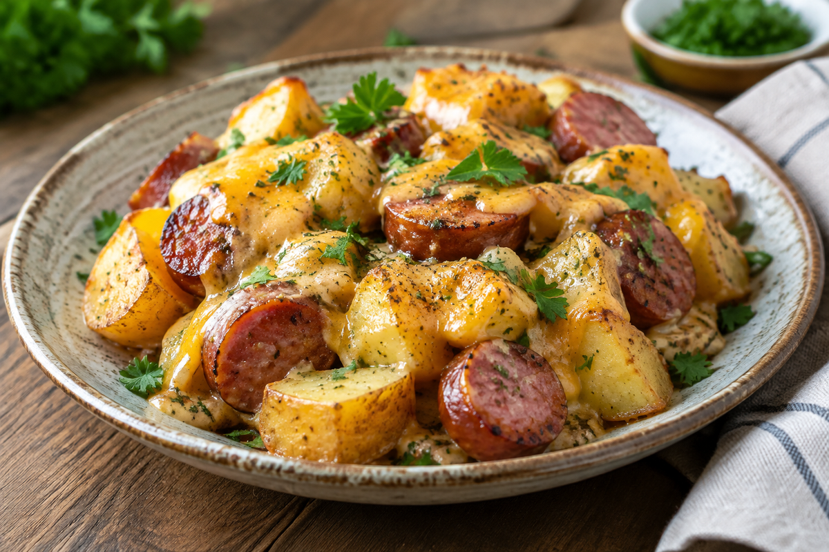 Cheesy ranch potatoes and smoked sausage one-pan dinner garnished with fresh parsley