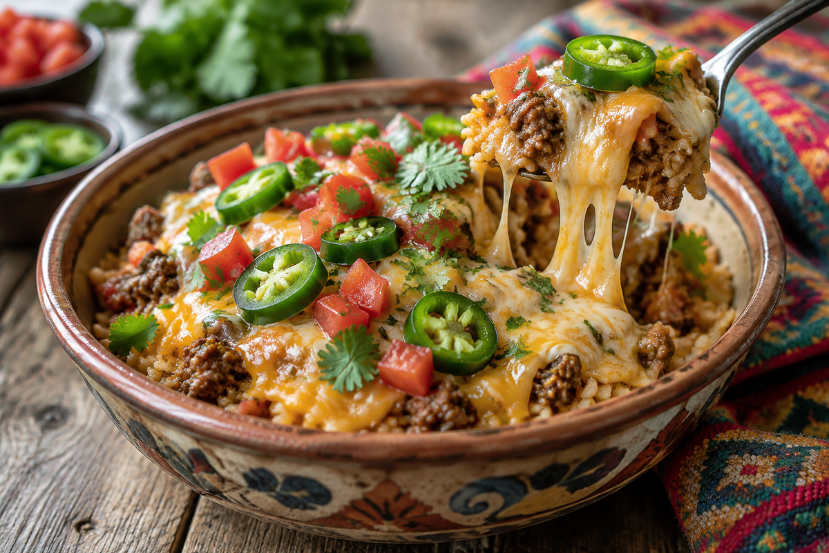 Cheesy taco rice with seasoned beef, melted cheese, and fresh cilantro garnish in a bowl
