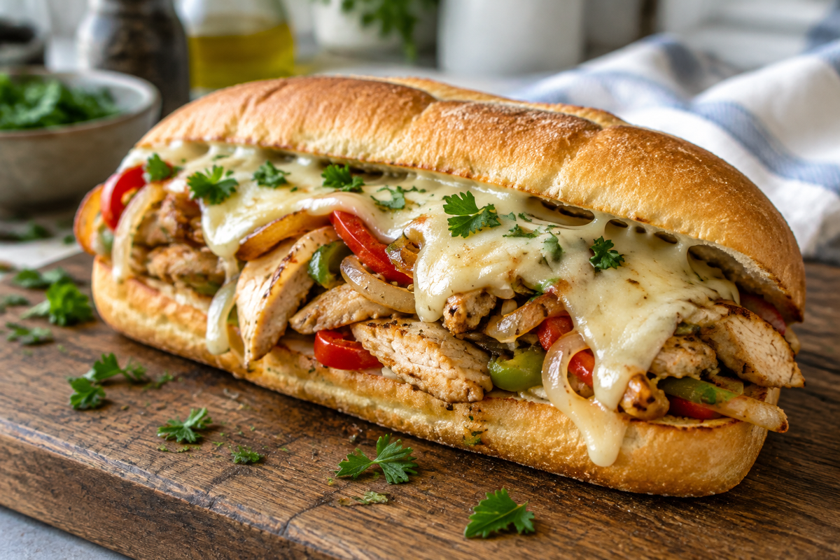 Chicken cheese steak sandwich with melted cheese and sautéed peppers on rustic bread