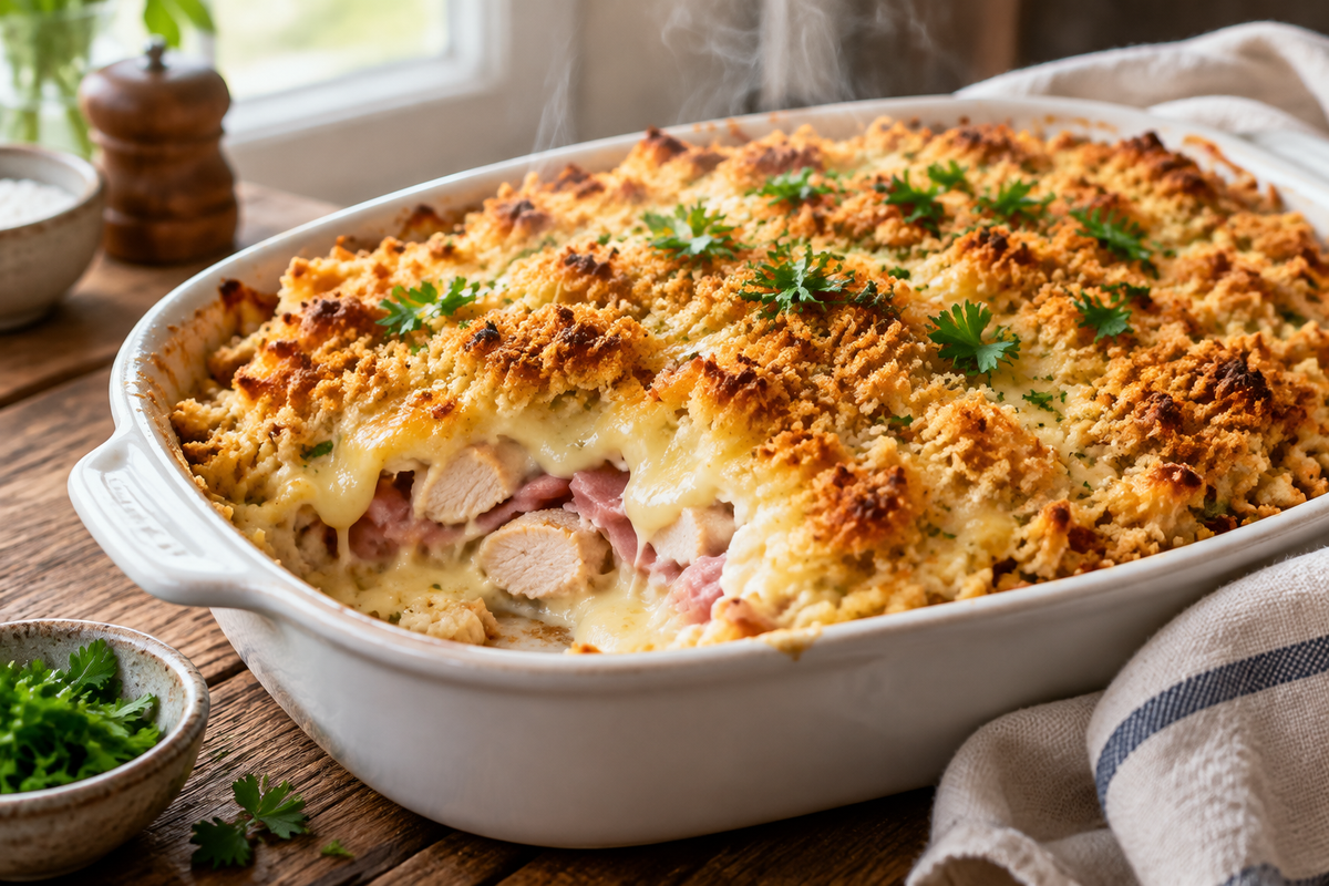Golden chicken cordon bleu casserole topped with melted cheese and fresh parsley garnish