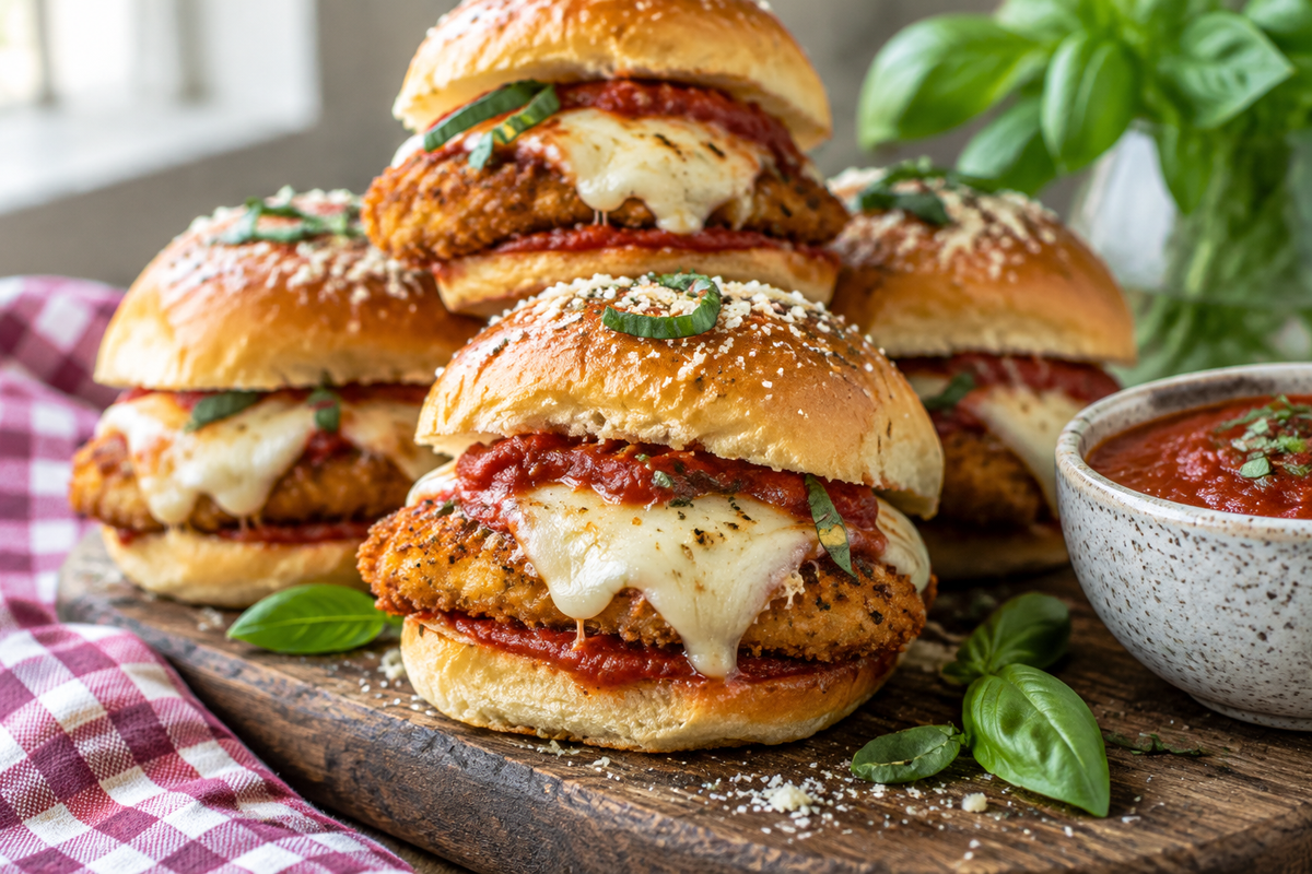 Close-up of chicken parmesan sliders with melted cheese and marinara sauce on soft buns