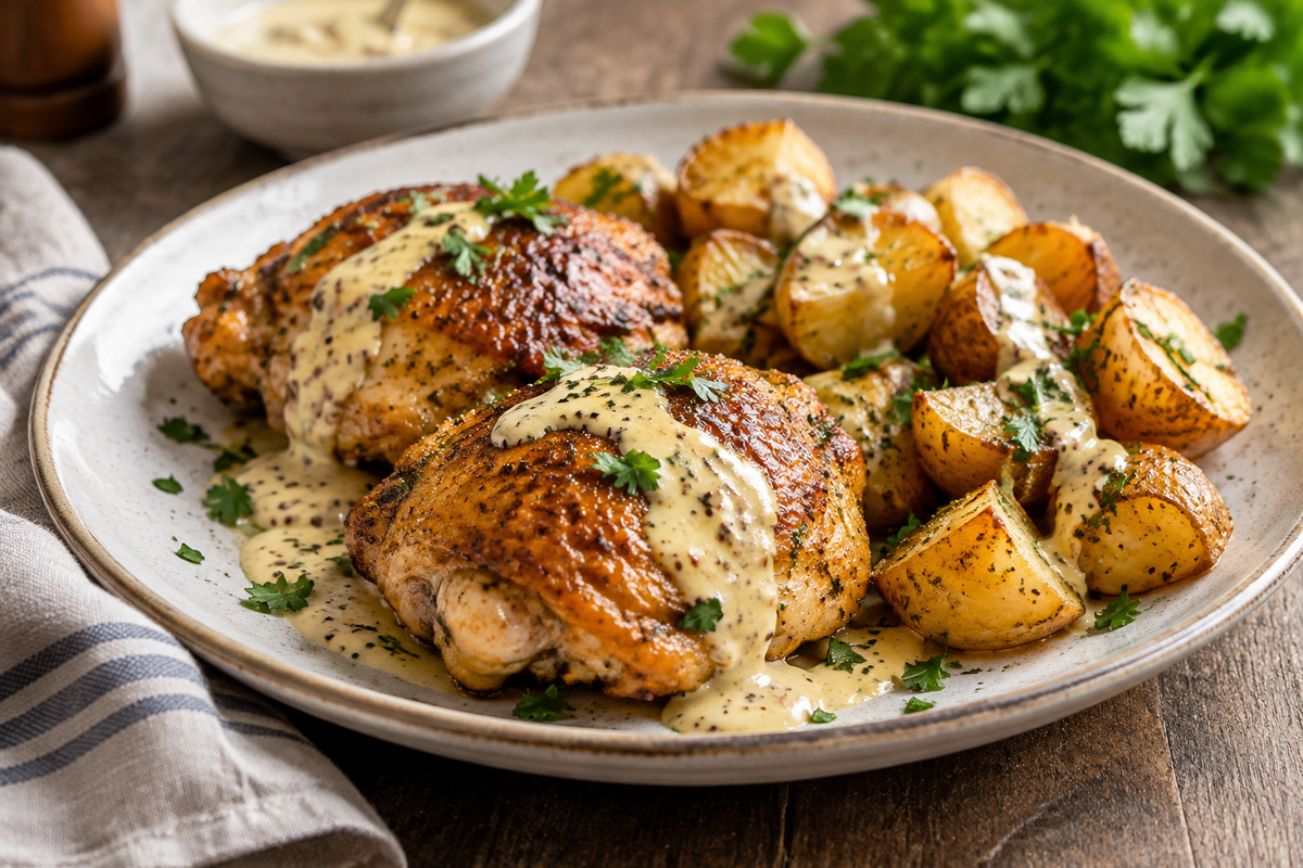 Golden roasted chicken and potatoes with creamy Dijon cream sauce garnished with parsley