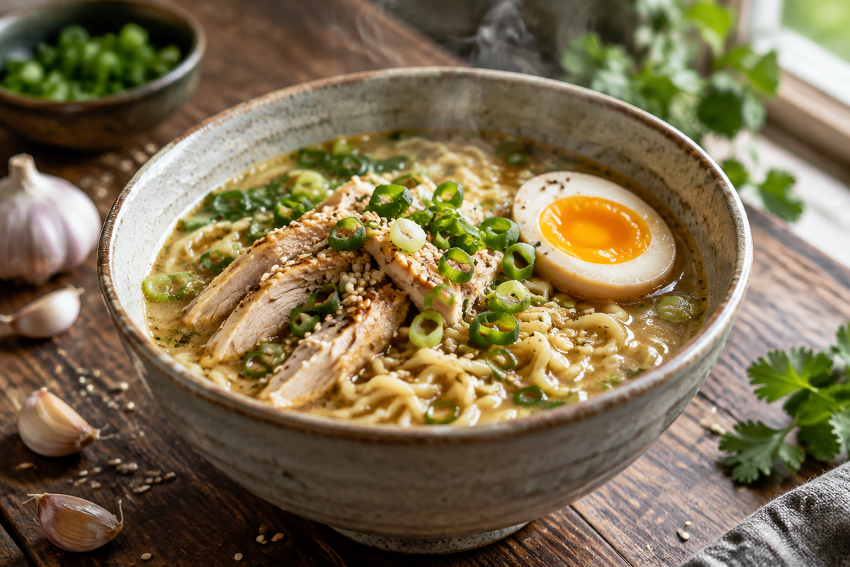 Easy chicken ramen garlic sauce bowl with garnishes and soft-boiled egg